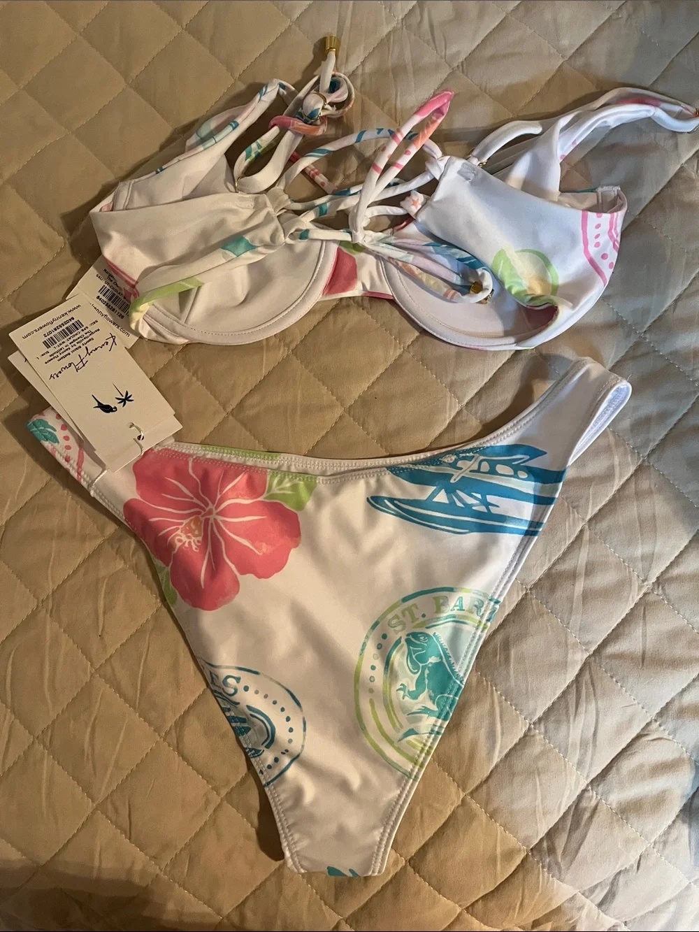Kenny Flowers White Bikini with Pink, Green & Blue Tropical Print